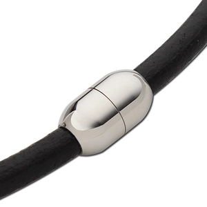 Macro shot of polished stainless steel magnetic clasp with premium black cord for DIY jewelry