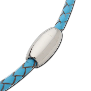 Macro shot of silver magnetic clasp on sky blue braided leather cord for jewelry making