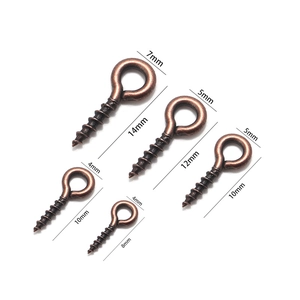 Detail showing five sizes of antique bronze eye pin screws with clear spiral threading