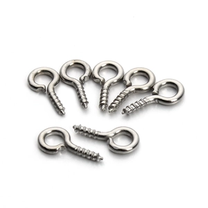 Pack of 7 silver stainless steel screw eye hooks for DIY jewelry and crafts on white background