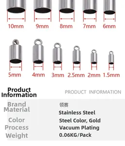 Detailed size chart for stainless steel cord end caps ranging from 1.5mm to 10mm inner diameter