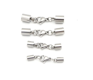 Detail showing four sizes of stainless steel lobster clasps and cord end connectors