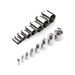 Polished stainless steel tassel end caps for jewelry making in various sizes on white background