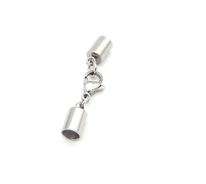 Detailed view of stainless steel lobster clasp and cylinder end caps for DIY jewelry making