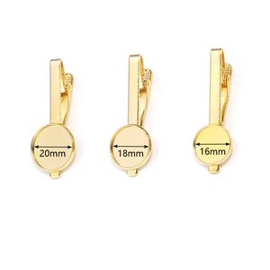 Close-up of gold plated tie clip trays in 16mm, 18mm, and 20mm sizes for DIY jewelry making