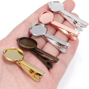 Men's shirt tie clips with round bezel settings in five various metal plating finishes