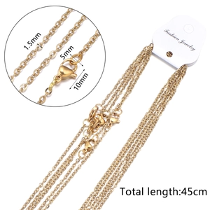 Detail showing 45cm gold plated stainless steel necklace with dimensions 1.5mm and lobster clasp