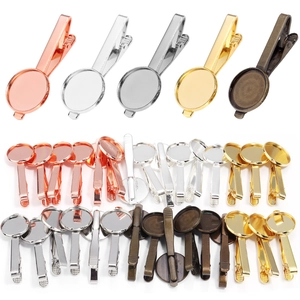 DIY metal tie clip base with circular bezel tray in five plating colors for jewelry
