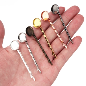 Detail of DIY wave metal hair clips with round flat trays in six metallic finishes