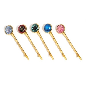 Set of five gold-plated bobby pins with colorful round decorative pattern textures