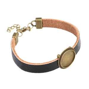DIY schwarzes Lederarmband mit runder Bronze-Basis und verstellbarer Kette für Schmuck