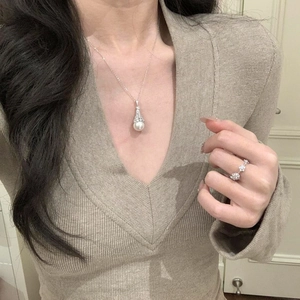 French Retro Rhinestone Artificial Pearl Pendant Necklace Elegant Golden Silver Plated Clavicle Chain Jewelry For Women Gift