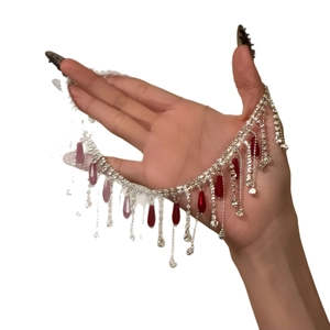 Retro Y2K style rhinestone fringe choker necklace with elegant red glass teardrop pendants