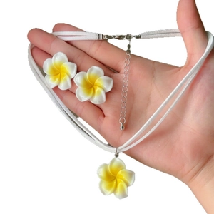 Handmade Hawaiian Plumeria flower pendant necklace and earring set with white cords