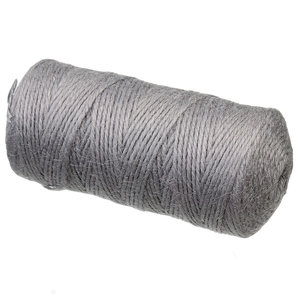 Close-up of 2mm grey 3-strand natural hemp rope roll with fiber texture on white background