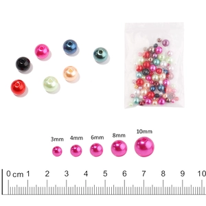 Detailed size guide for colorful ABS faux pearls from 3mm to 10mm with ruler measurement