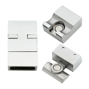 Detailed macro view of rectangular stainless steel magnetic clasps with polished finish
