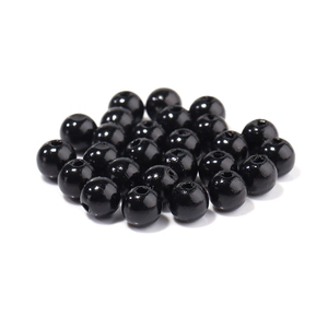 Detailed close-up of glossy black ABS imitation pearls with holes for DIY jewelry making