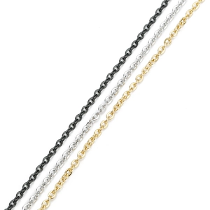 Makroaufnahme von 2mm Edelstahl-Gliederketten in Schwarz, Silber und Goldoptik