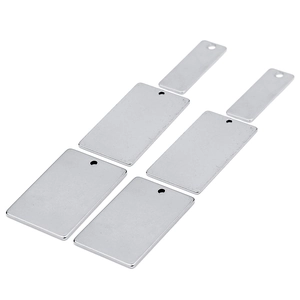 Detailed view of silver rectangular stainless steel pendants with holes for DIY jewelry