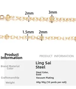 Macro detail of gold and silver beaded curb chains with technical sizing parameters