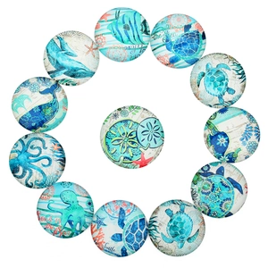 Ocean Theme Round Glass Cabochons Sea Turtle Octopus Pattern Printed Glass Tiles For DIY Jewelry Making Fridge Magnets