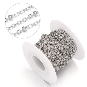 Detail of silver satellite chain roll with small metal beads on white plastic spool