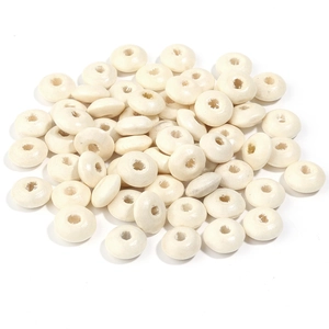 Macro view of cream-colored abacus wooden spacer beads with a smooth polished finish