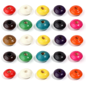 Colorful 5x5 grid of flat round wooden beads for DIY bracelet and necklace making