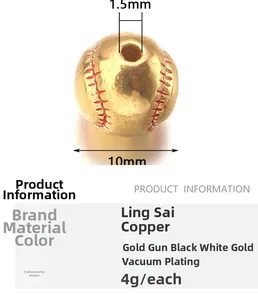 Détail macro d'une perle de baseball en cuivre plaqué or 10mm avec dimensions et poids