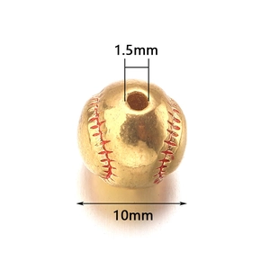 Gold plated copper baseball bead with red stitching, 10mm diameter and 1.5mm hole