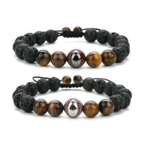 Adjustable lava rock and tiger's eye beaded bracelets with baseball metal charms