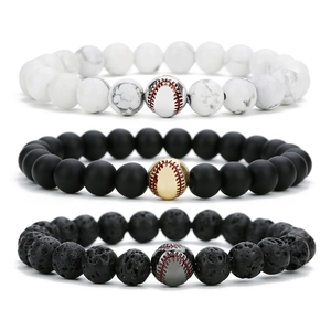 Natur Lavastein Matt Schwarzer Achat Weiß Türkis Perlenarmband Mit Kupfer Baseball Anhänger Sport Schmuck Für Damen Herren