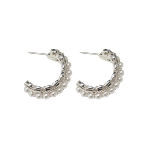 Elegant silver C-shaped hoop earrings with pearls and crystals on white background