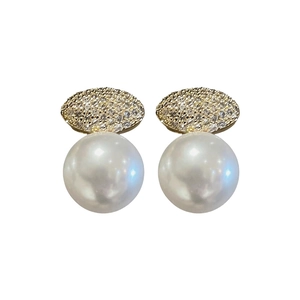 Elegant French style zircon oval clip-on earrings with large white pearl drops for women