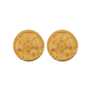 Exquisite 18k gold plated vintage round stud earrings with embossed floral patterns