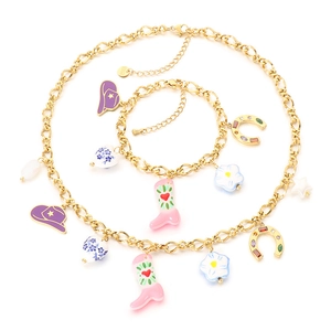 Vintage Western cowboy style stainless steel necklace and bracelet set with enamel charms