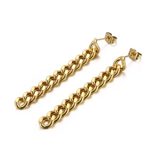 Boucles d'oreilles clous minimalistes en acier inoxydable doré à longue chaîne gourmette