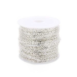 Close-up of bright silver flattened cross chain neatly wound on a white plastic spool