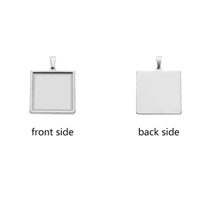 Front and back views of square stainless steel pendant tray for DIY jewelry making
