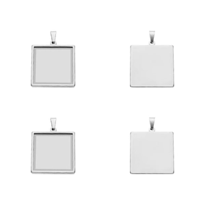 Front and back macro view of silver square stainless steel pendant tray for DIY jewelry