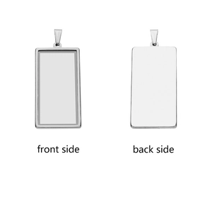 Polished stainless steel rectangular pendant base with front and back views for jewelry DIY