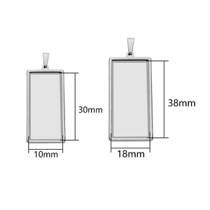 Detailed comparison of rectangular stainless steel pendant trays in 18x38mm and 10x30mm sizes