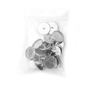 Detailweergave van 20 stuks roestvrijstalen ronde speldhouders in plastic verpakking