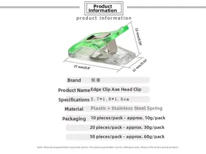 Detailed dimensions of green plastic sewing clips with stainless steel spring measure