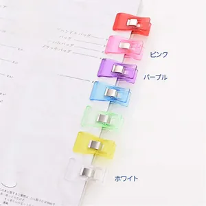 Close-up of seven colorful plastic sewing clips attached to a book for fabric positioning