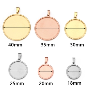 Gold and silver stainless steel pendant trays in various sizes from 18mm to 40mm for DIY jewelry