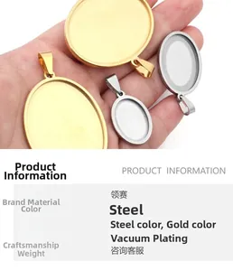 Detailed sizing chart for stainless steel oval pendant trays in gold and steel finishes