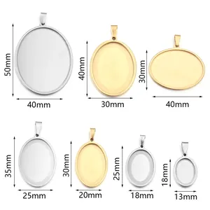 Size guide for oval stainless steel pendant trays in various gold and silver dimensions