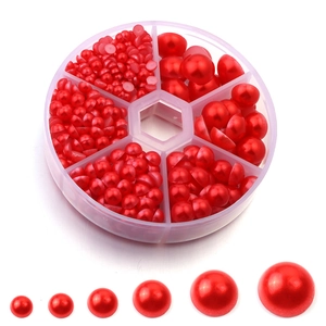 Demi-perles rouges en résine de six tailles avec boîte de rangement pour DIY créatif